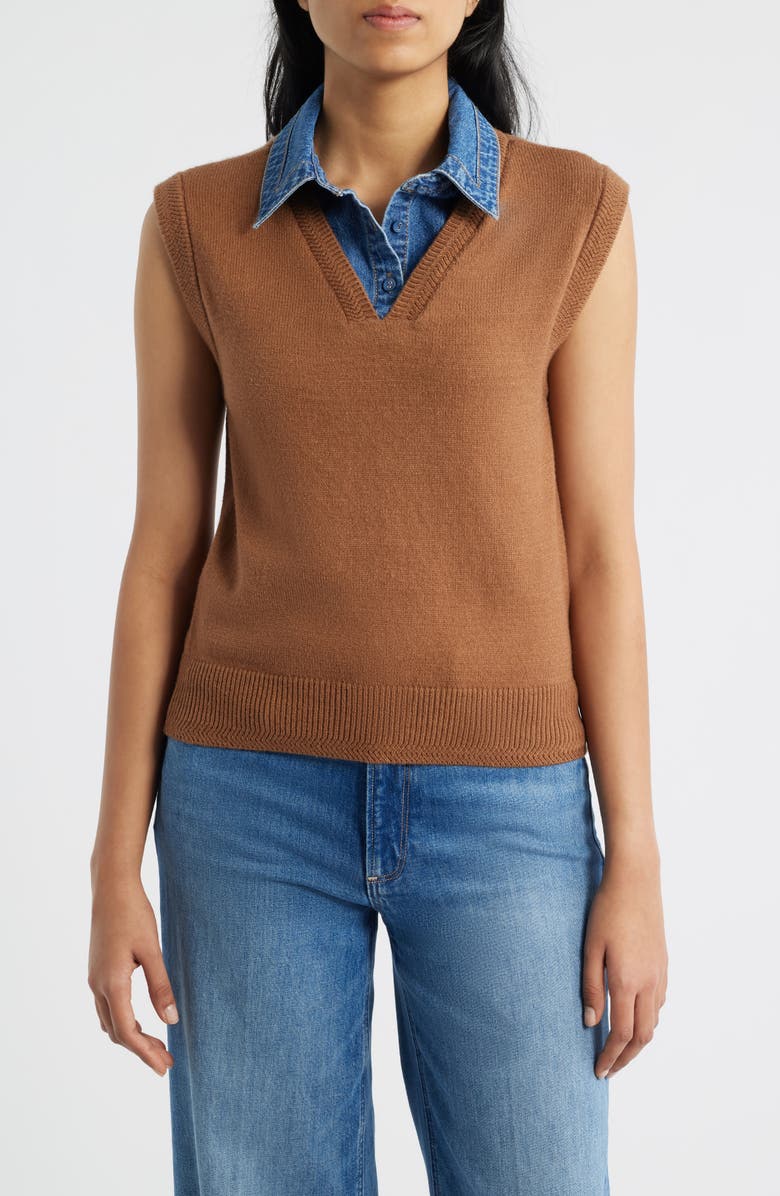 Wit & Wisdom Mixed Media Removable Bow Neck Sweater, Alternate, color, Sahara Sand/ Blue