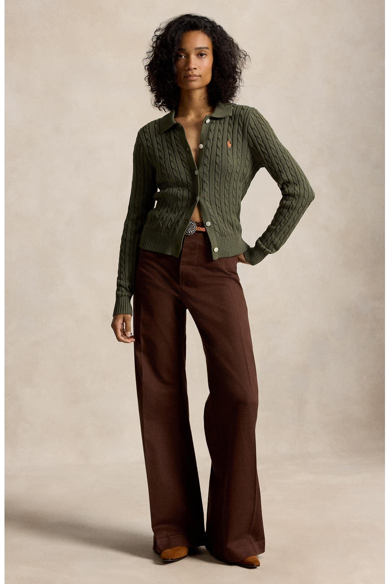 Cable Knit Cotton Cardigan, Alternate, color, DENSE OLIVE