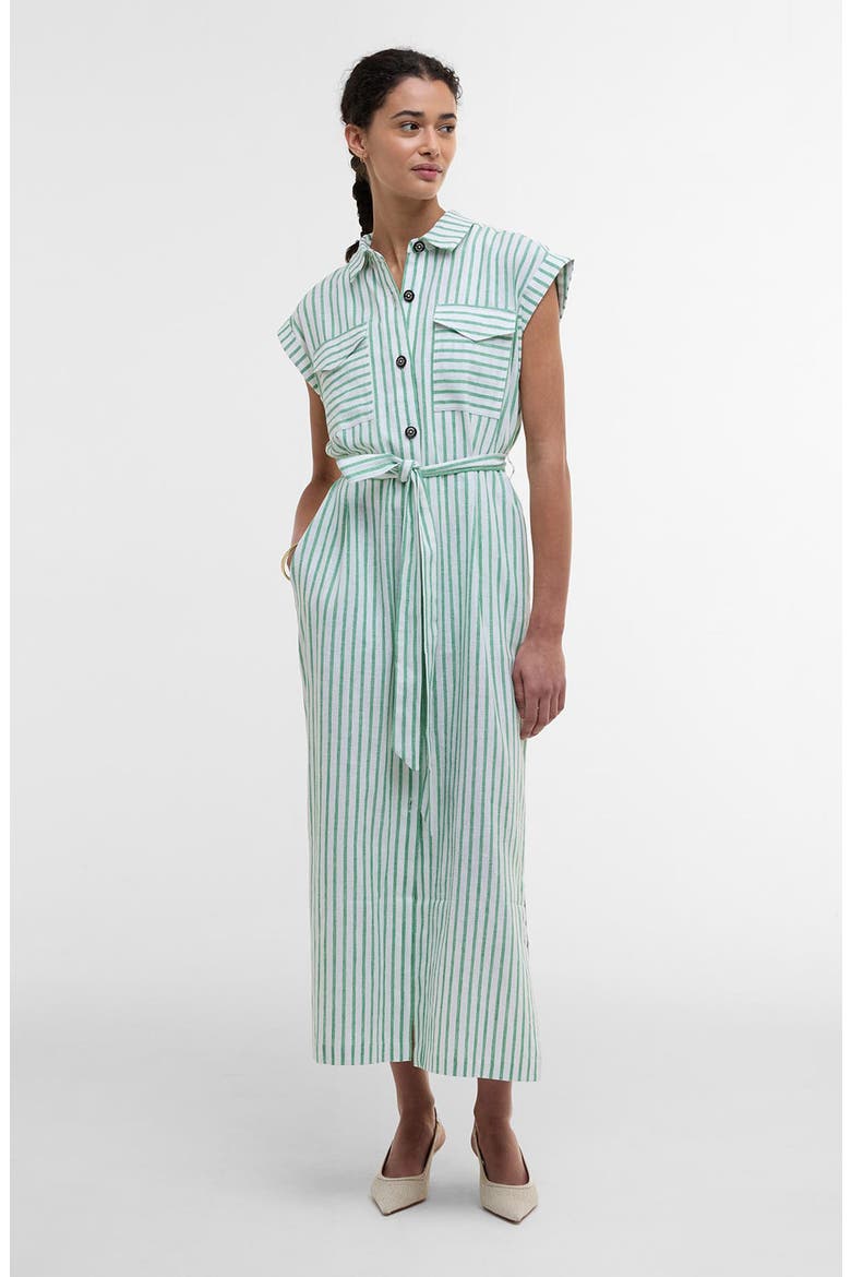 Abby Stripe Belted Cotton & Linen Shirtdress, Alternate, color, KELLY GREEN WHITE STRIPE