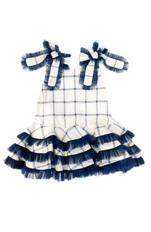 Petite Maison Kids Checkered Linen Tulle Dress In Navy Checkered