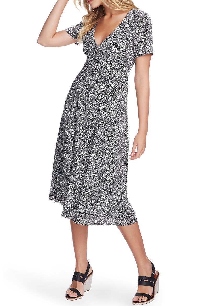 Floral Folk Silhouette Button Front Midi Dress, Alternate, color, RICH BLACK
