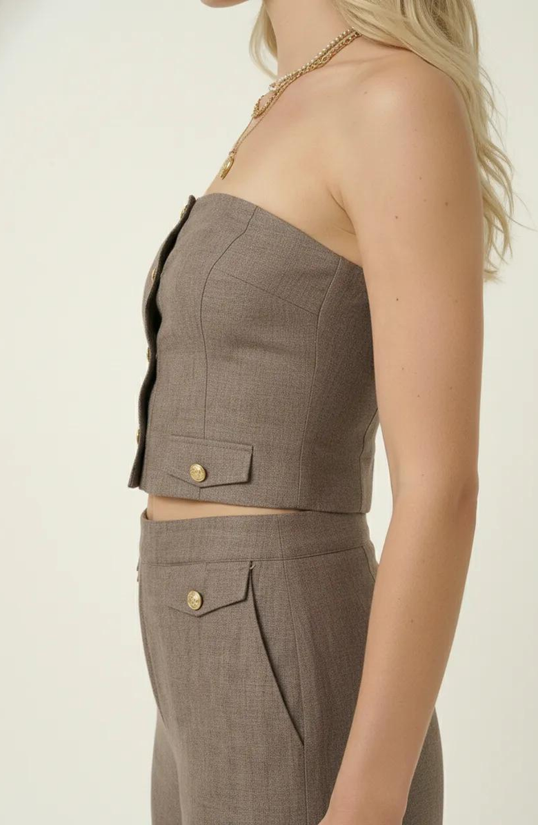 Modenaire Strapless Button-Front Crop Top and Wide-Leg Pants Two-Piece Set, Alternate, color, 