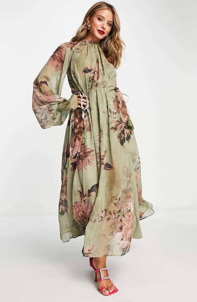 ASOS DESIGN Floral Print Pliss Long Sleeve Maxi Dress | Nordstrom