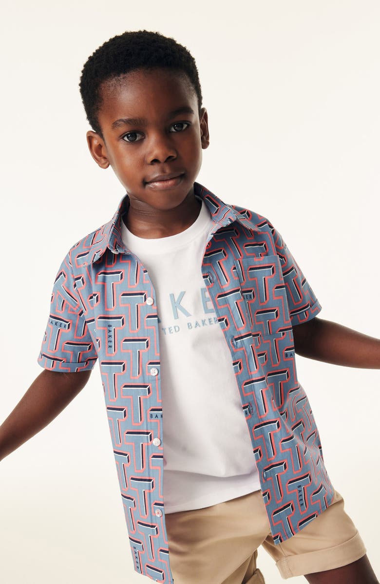 Baker by Ted Baker Kids' Cotton Graphic T-Shirt & Print Short Sleeve Button-Up Shirt Set, Main, color, Blue