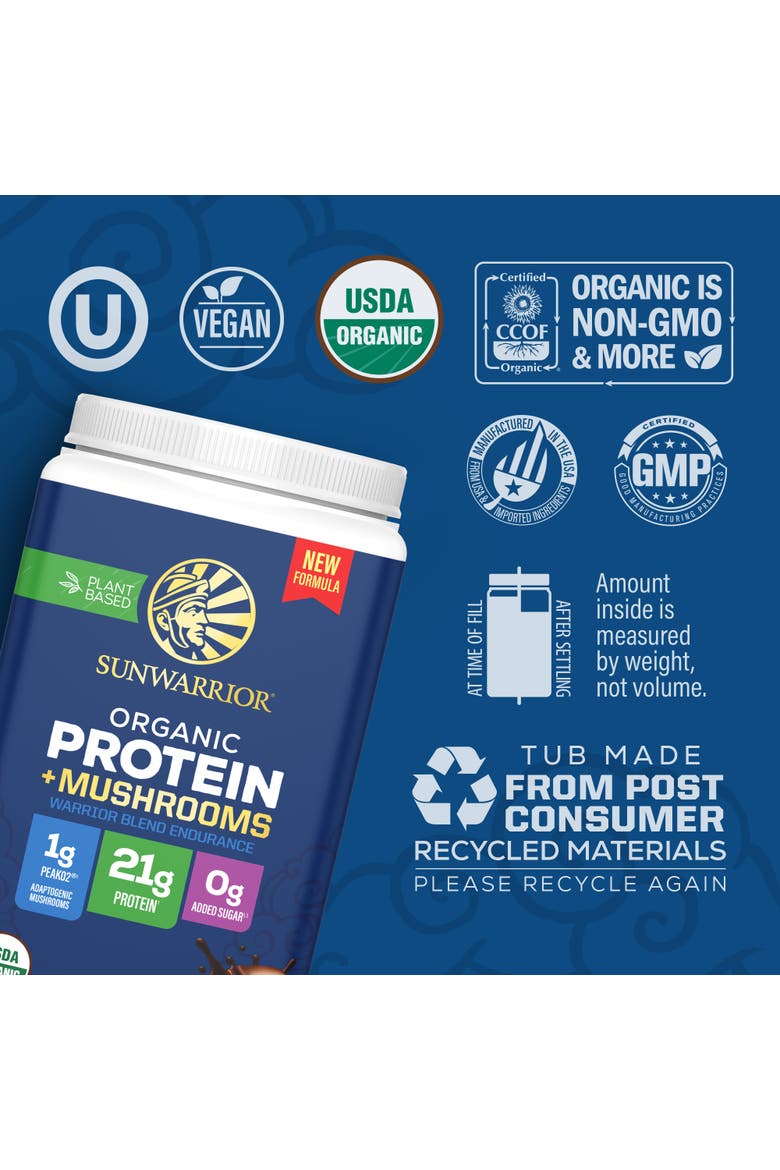 Organic Warrior Blend Endurance + Mushroom Protein Powder, Chocolate, 924.63g Tub, Alternate, color, No Color