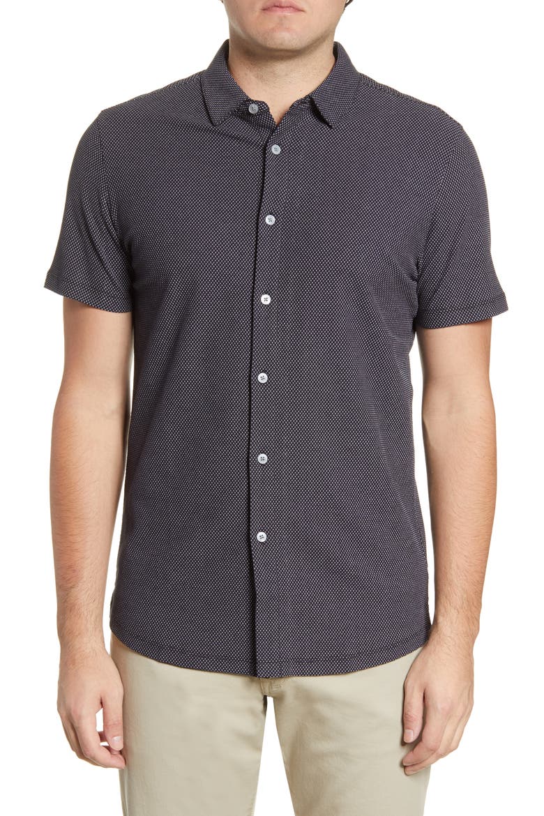 Broderick Short Sleeve Knit Button-Up Shirt, Main, color, BLACK