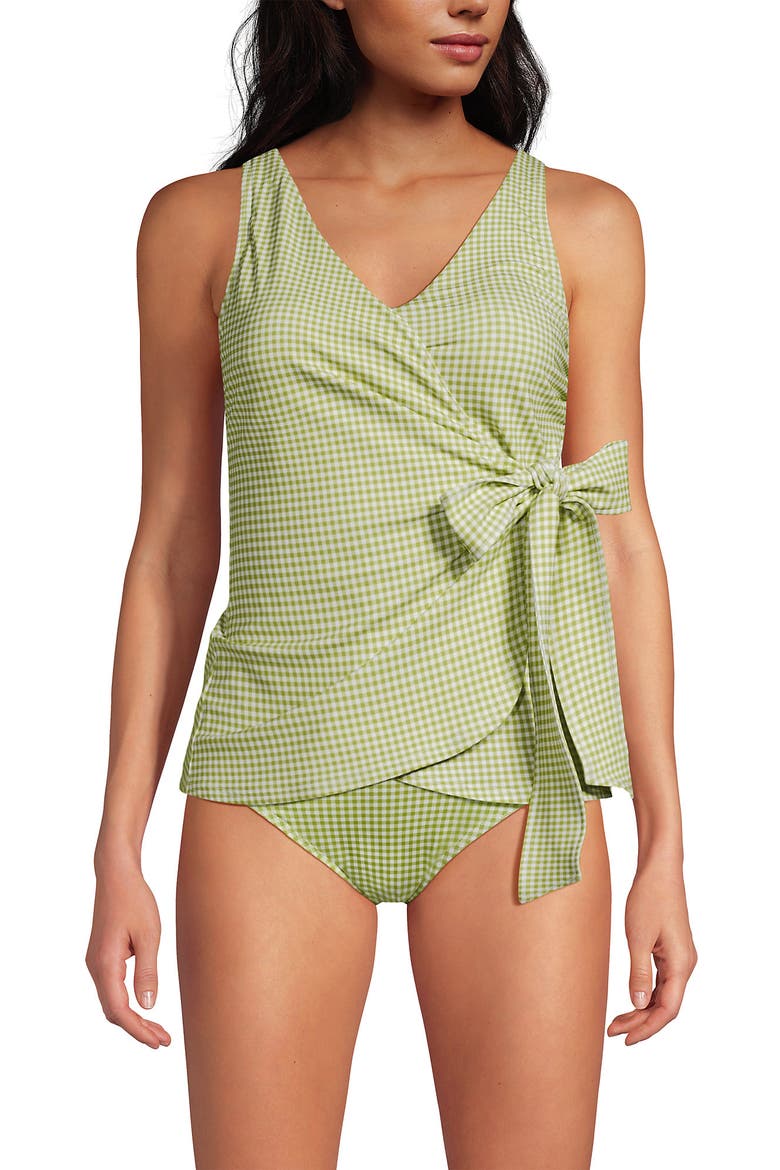 Chlorine Resistant Side Tie V-neck Tankini Swimsuit Top, Alternate, color, Bright Pistachio Gingham