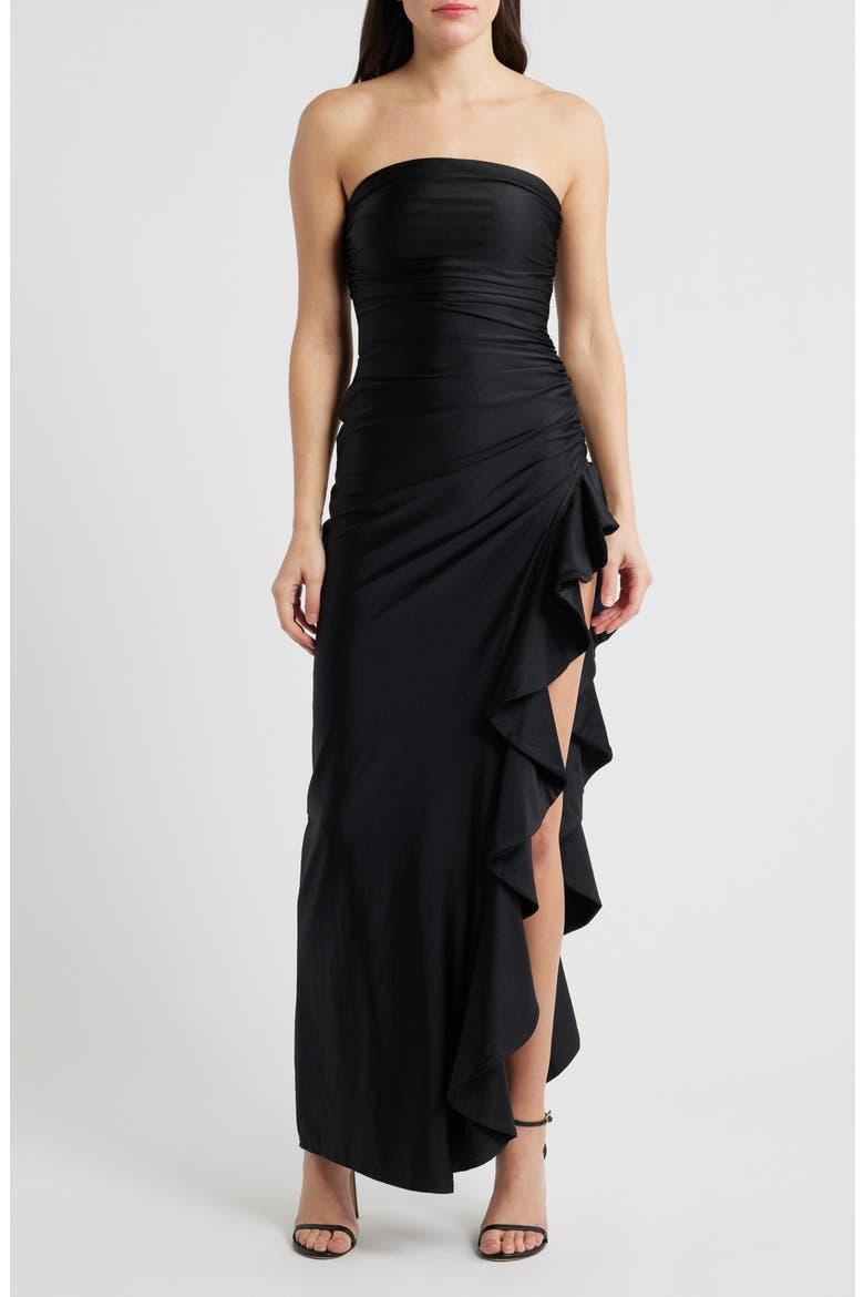 Shirred Ruffle Strapless Gown, Main, color, BLACK