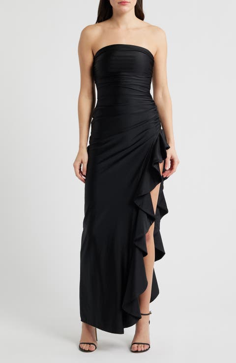 Shirred Ruffle Strapless Gown