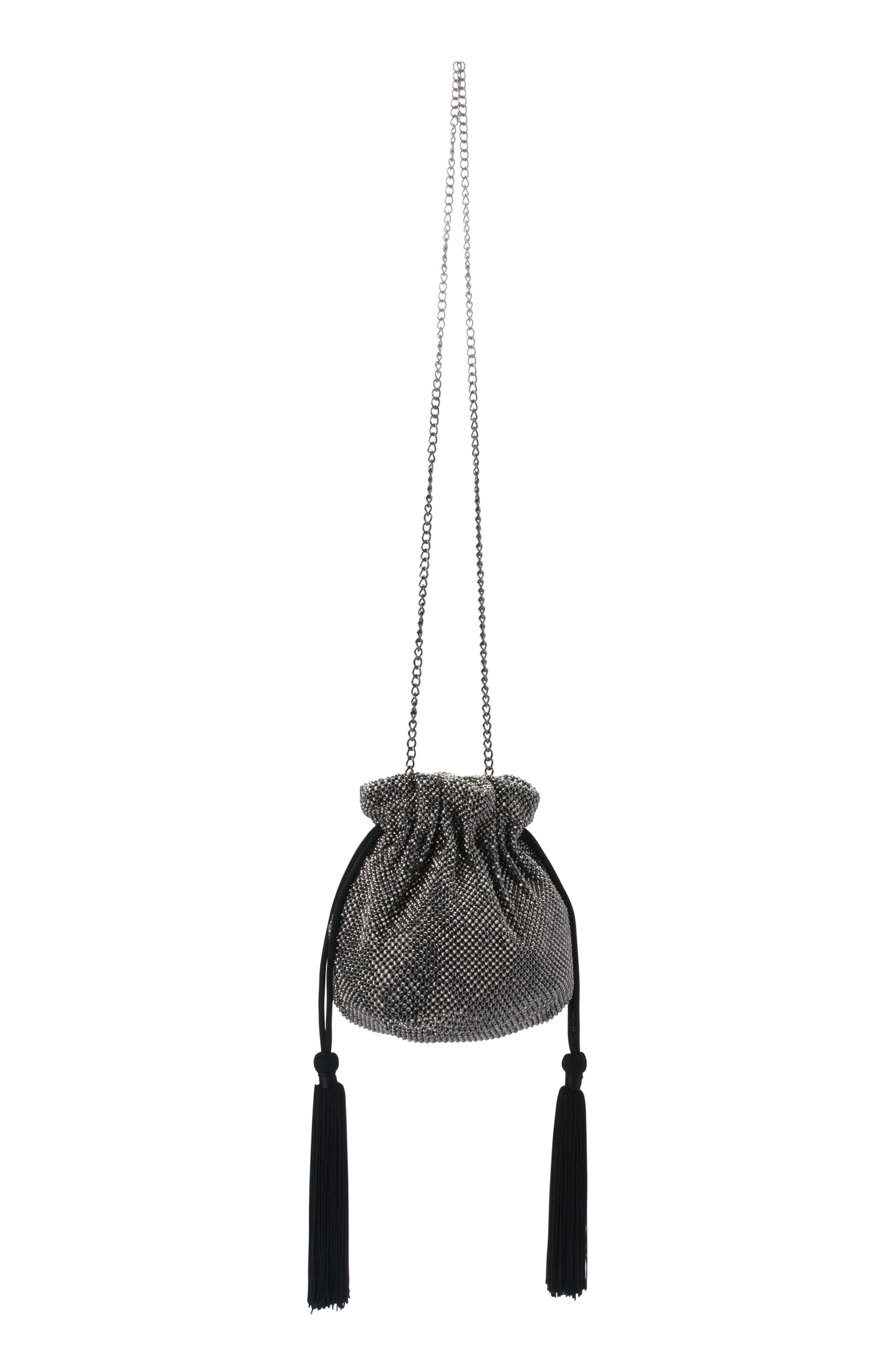 Olga Berg Karina Drawstring Crystal Mesh Bag, Main, color, 
