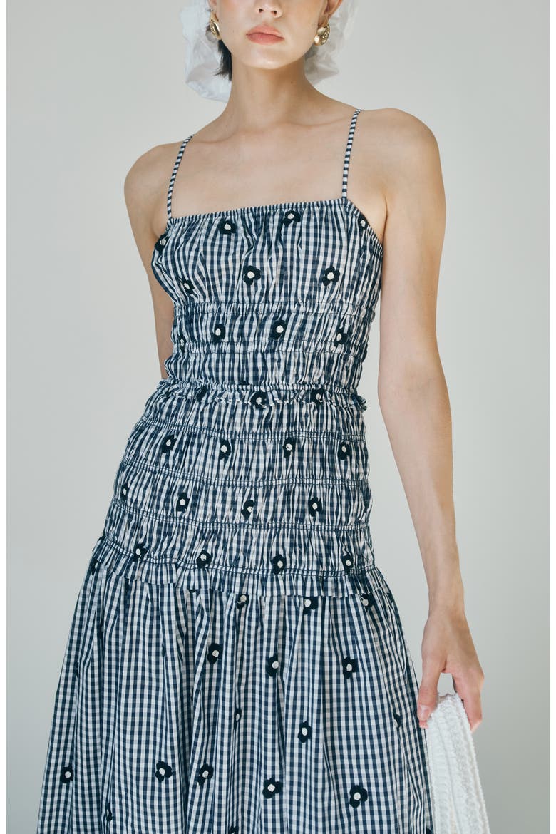 Madison Gingham Floral Embroidered Tiered Smocked Midi Dress, Alternate, color, NAVY GINGHAM