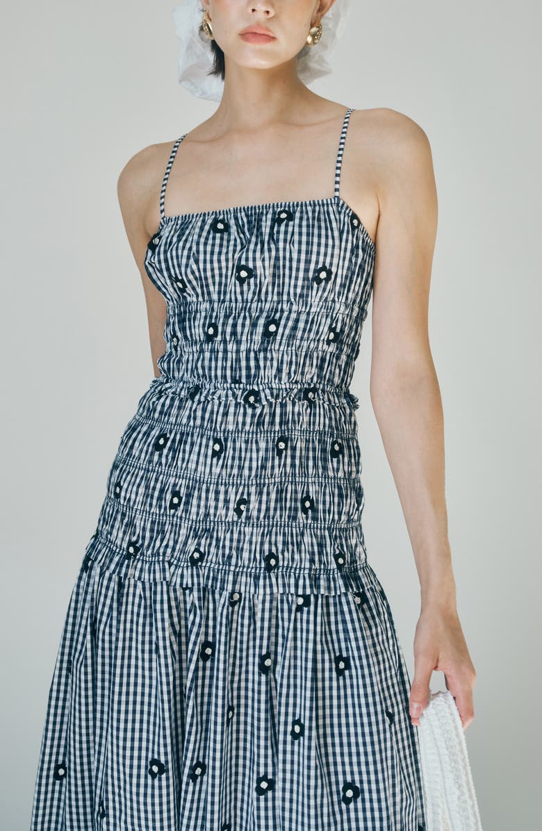 MAUDE CLUB Madison Gingham Floral Embroidered Tiered Smocked Midi Dress, Alternate, color, Navy Gingham