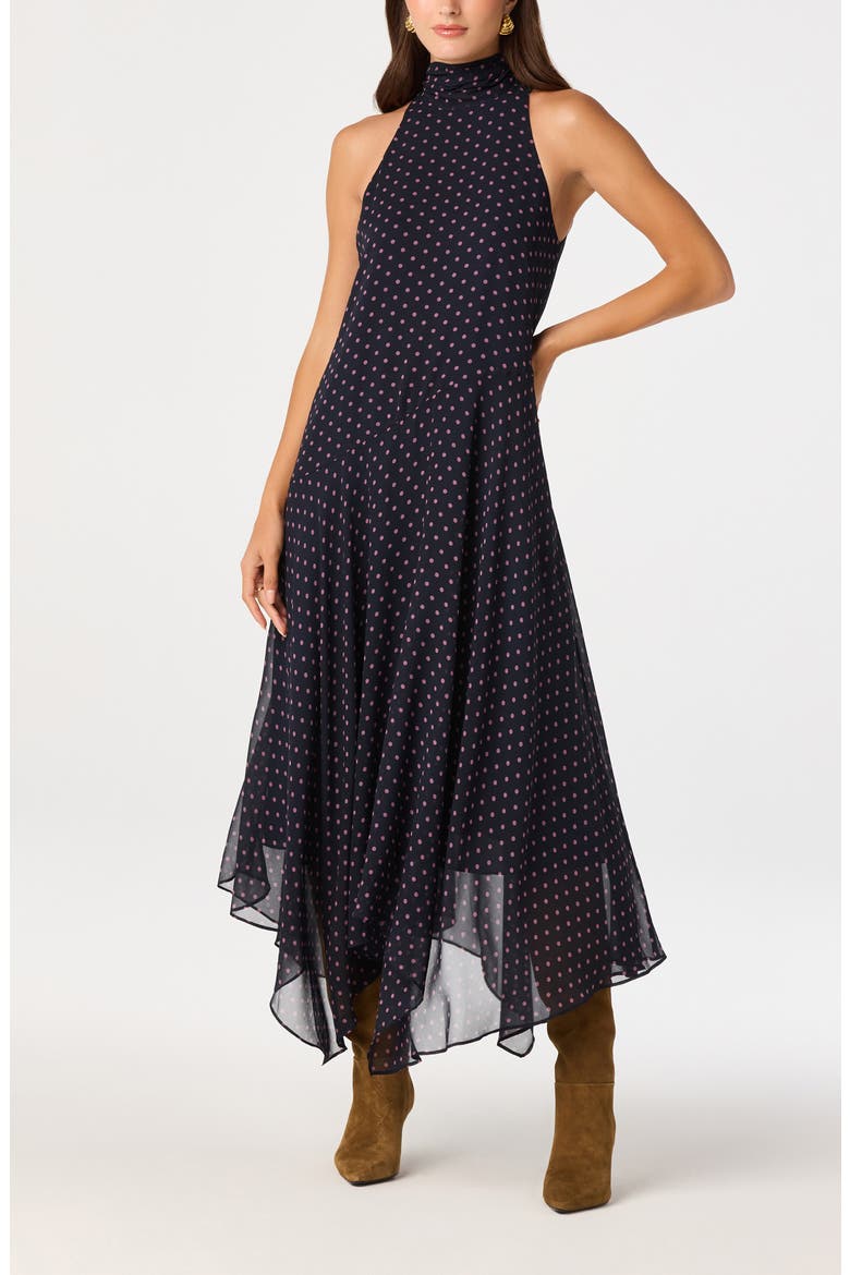 Tiana Polka Dot Mock Neck Midi Dress, Main, color, NAVY PINK POLKA DOT
