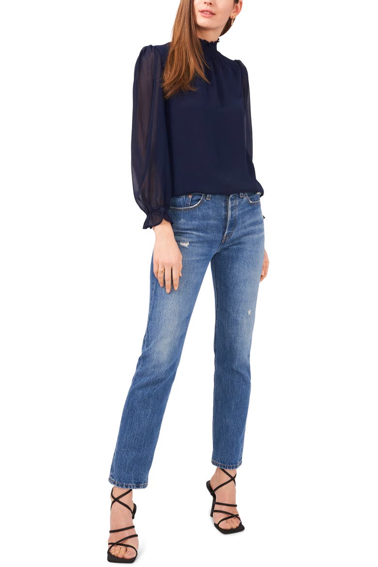 Smocked Neck Long Sleeve Blouse, Alternate, color, PEACOAT BLUE