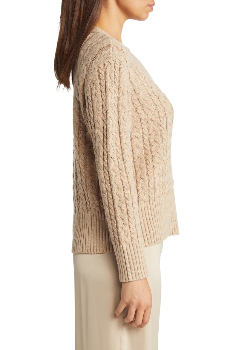 Crystal Embellished Cable Knit V-Neck Cotton Blend Cardigan, Alternate, color, LATTE