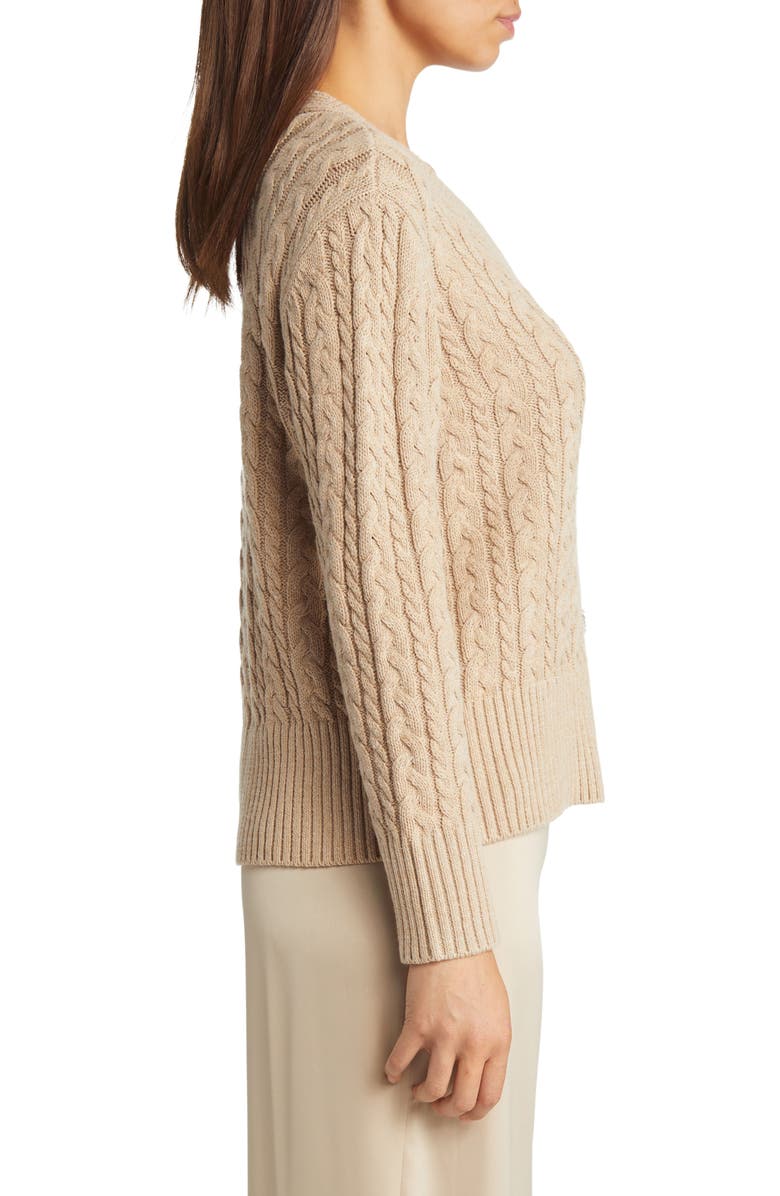 Anne Klein Crystal Embellished Cable Knit V-Neck Cotton Blend Cardigan, Alternate, color, 