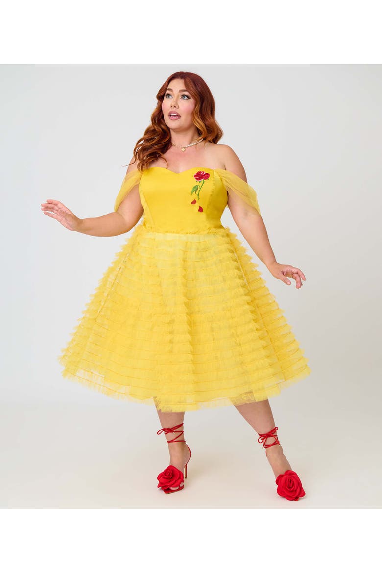 Plus Size Tulle Off The Shoulder Swing Dress, Main, color, Yellow W/ Rose Embroidery