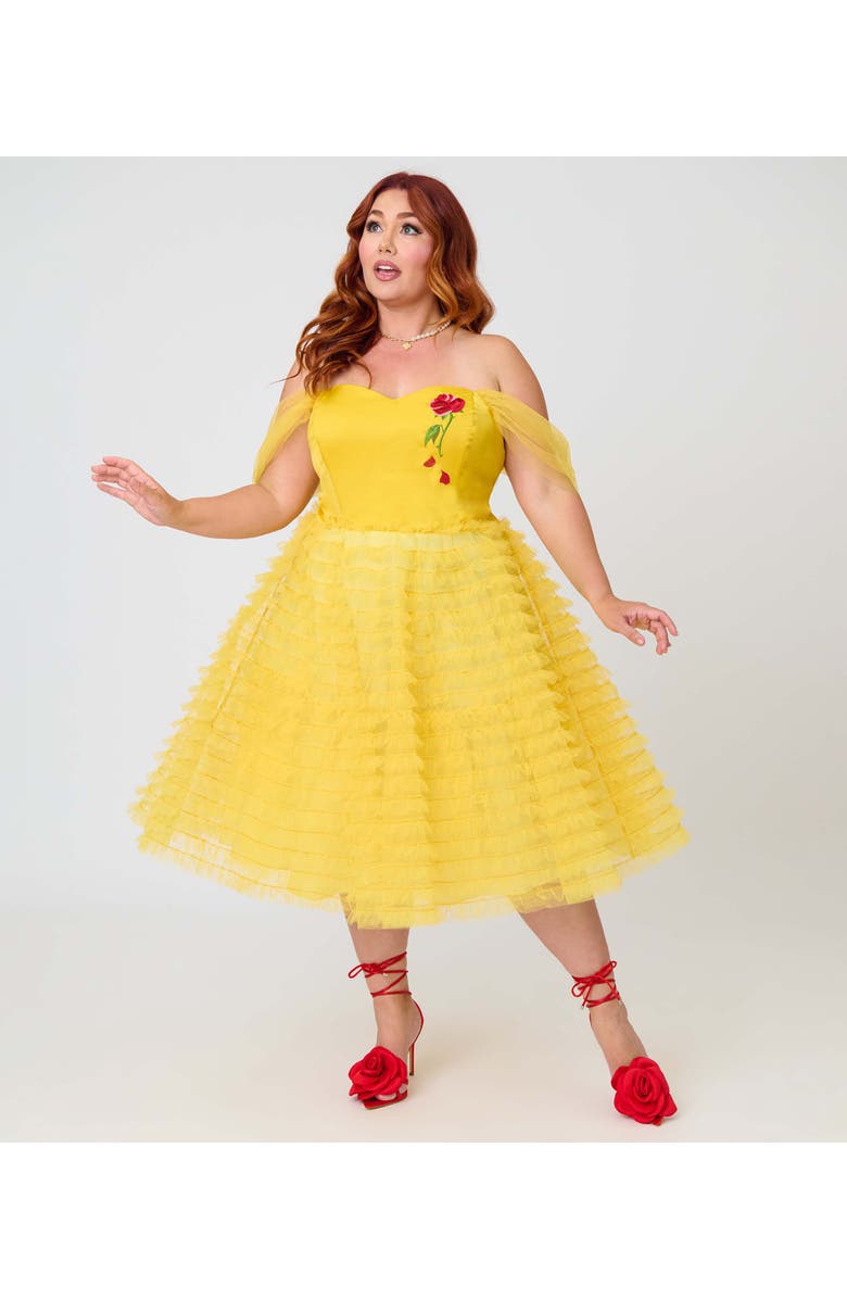 Unique Vintage Plus Size Tulle Off The Shoulder Swing Dress, Main, color, Yellow W/ Rose Embroidery