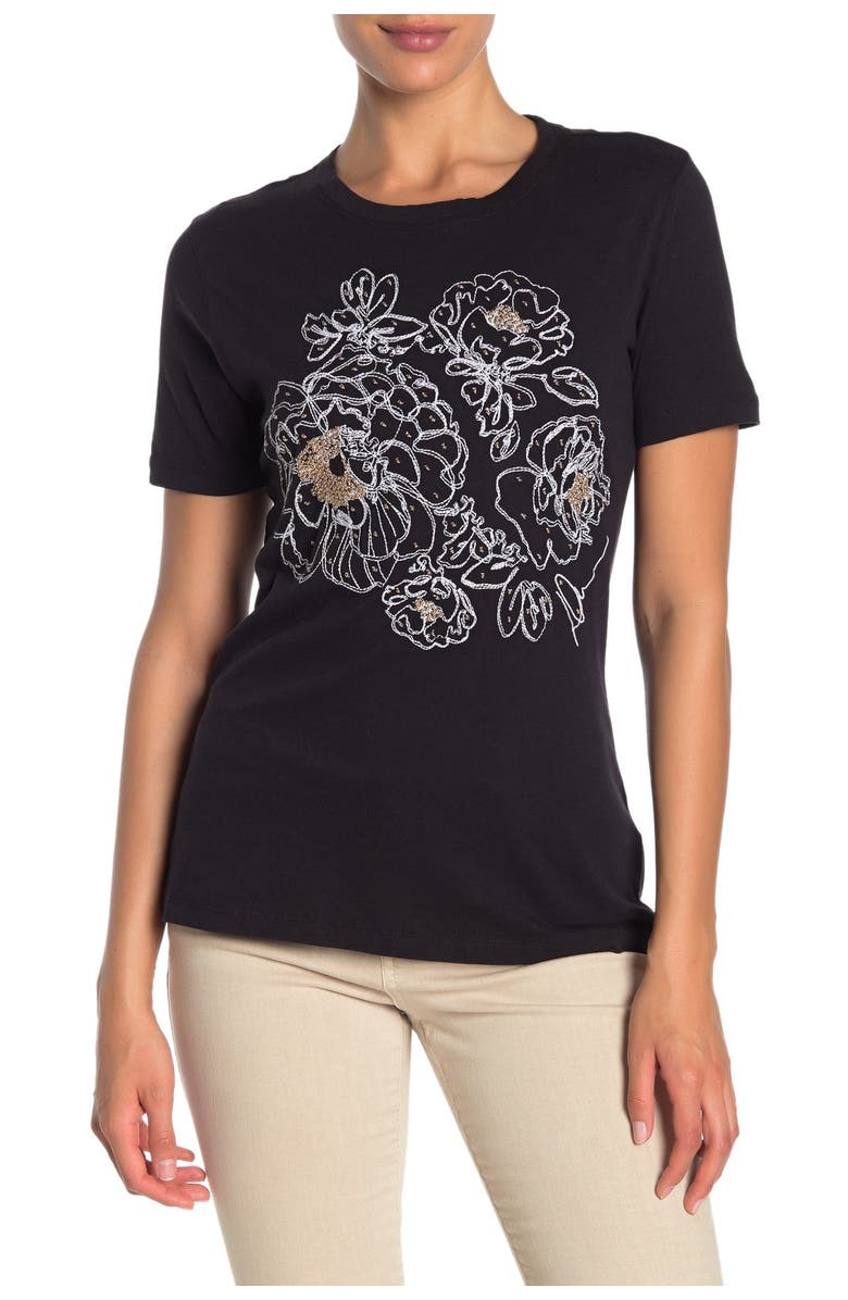Donna Karan New York Floral Embroidery Cotton T-Shirt, Main, color, 