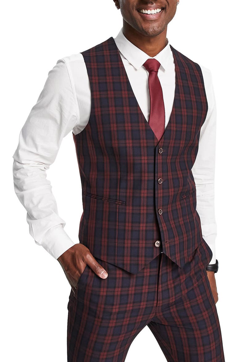 Plaid Super Skinny Waistcoat, Main, color, BURGUNDY