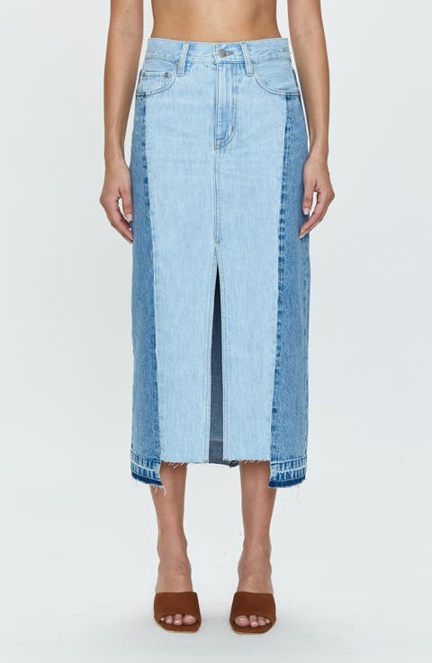 Alice Two-Tone Fray Hem Midi Denim Skirt