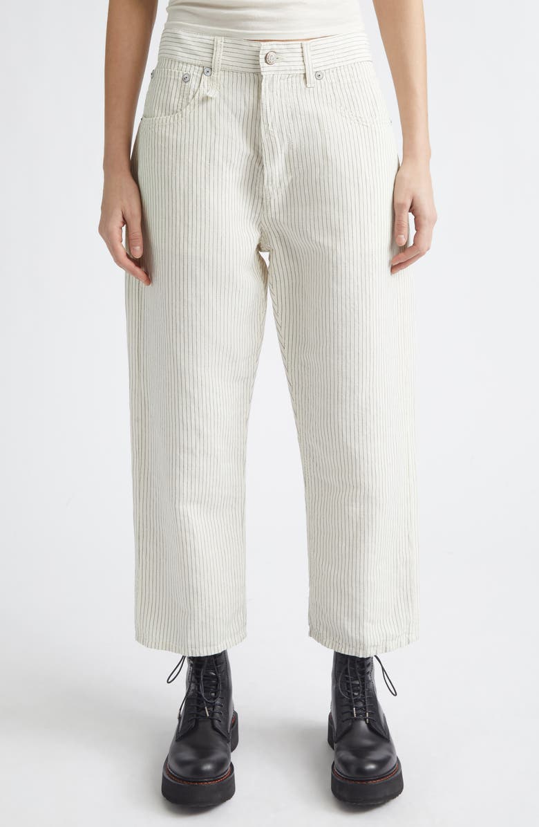 R13 X-Boyfriend Pinstripe Linen & Cotton Pants, Main, color, White With Black Mini Stripe