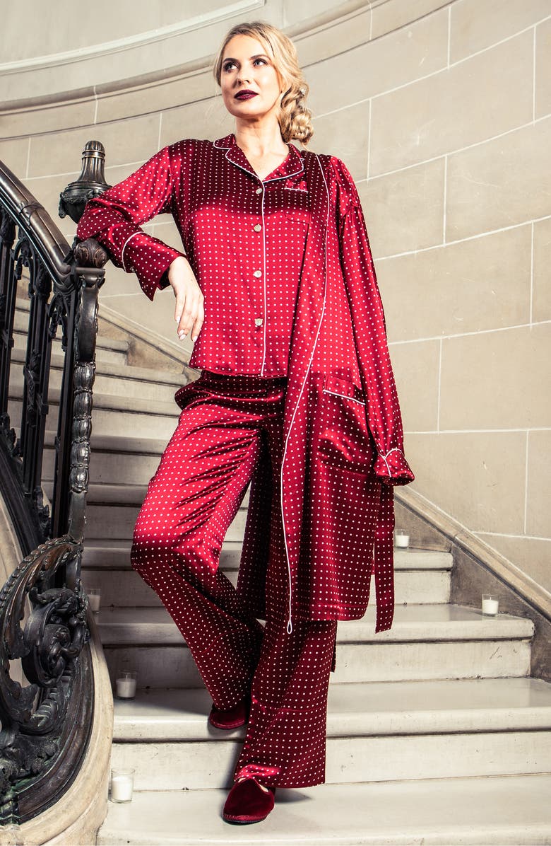 Petite Plume Polka Dot Silk Robe, Alternate, color, Bordeaux