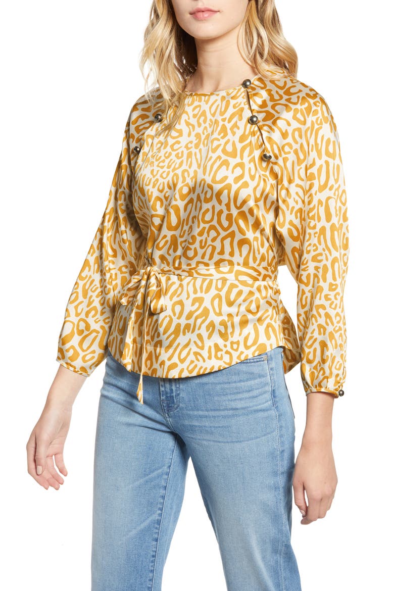 Angelina Leopard Print Tie Waist Blouse, Main, color, GOLDEN YELLOW MULTI