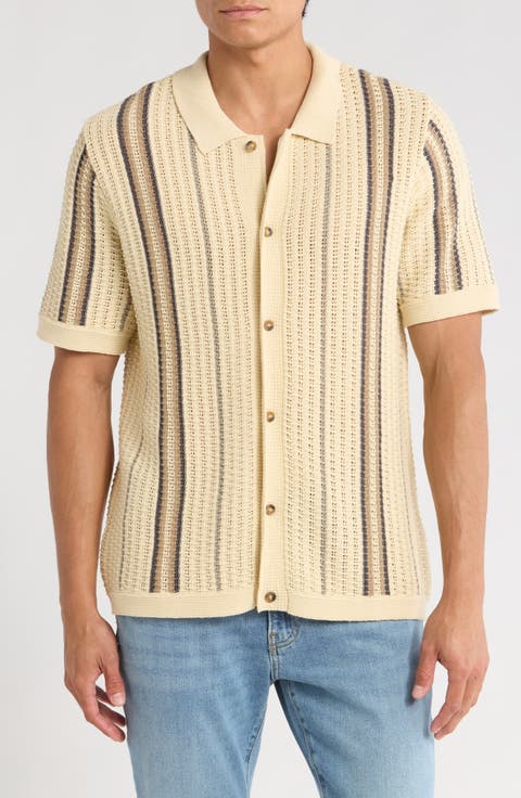 Stripe Crochet Short Sleeve Button-Up Shirt