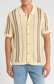 Lucky Brand Stripe Crochet Short Sleeve Button-Up Shirt