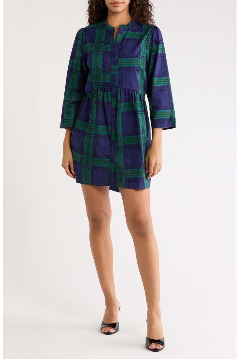 Harrisville Plaid Brie Cotton Button-Up Mini Shirtdress, Main, color, NAVY GREEN
