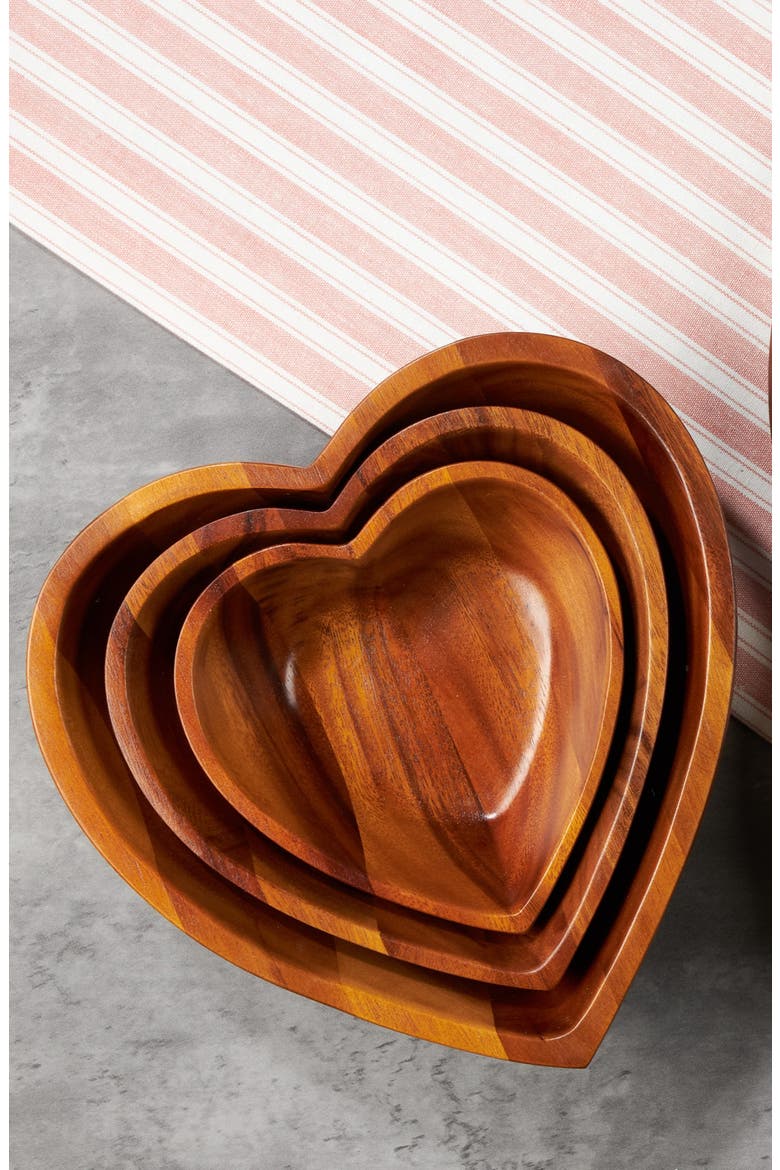 Eat Your Heart Set of Three Acacia Wood Nesting Bowls, Alternate, color, BROWN