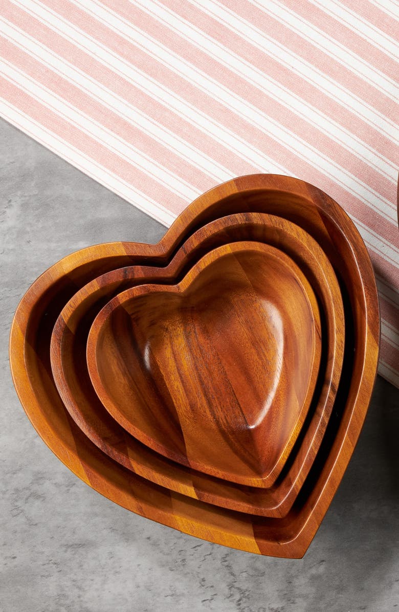 Nambé Eat Your Heart Set of Three Acacia Wood Nesting Bowls, Alternate, color, Brown