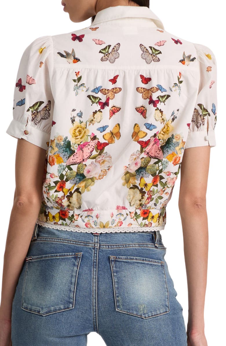 Alice + Olivia Rosie Butterfly & Floral Print Pleated Cotton Button-Up Shirt, Alternate, color, Solar Strength Off White
