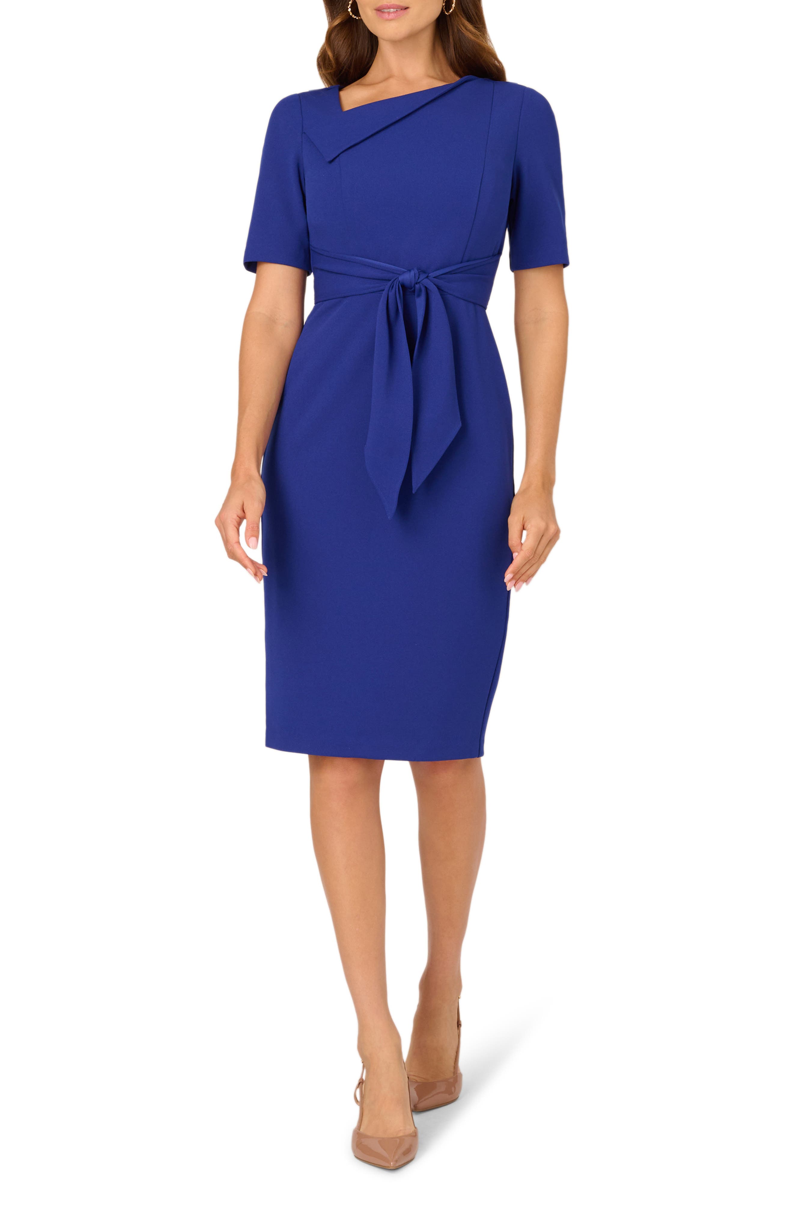 Adrianna Papell Asymmetric Collar Tie Waist Crepe Sheath Dress In Blue