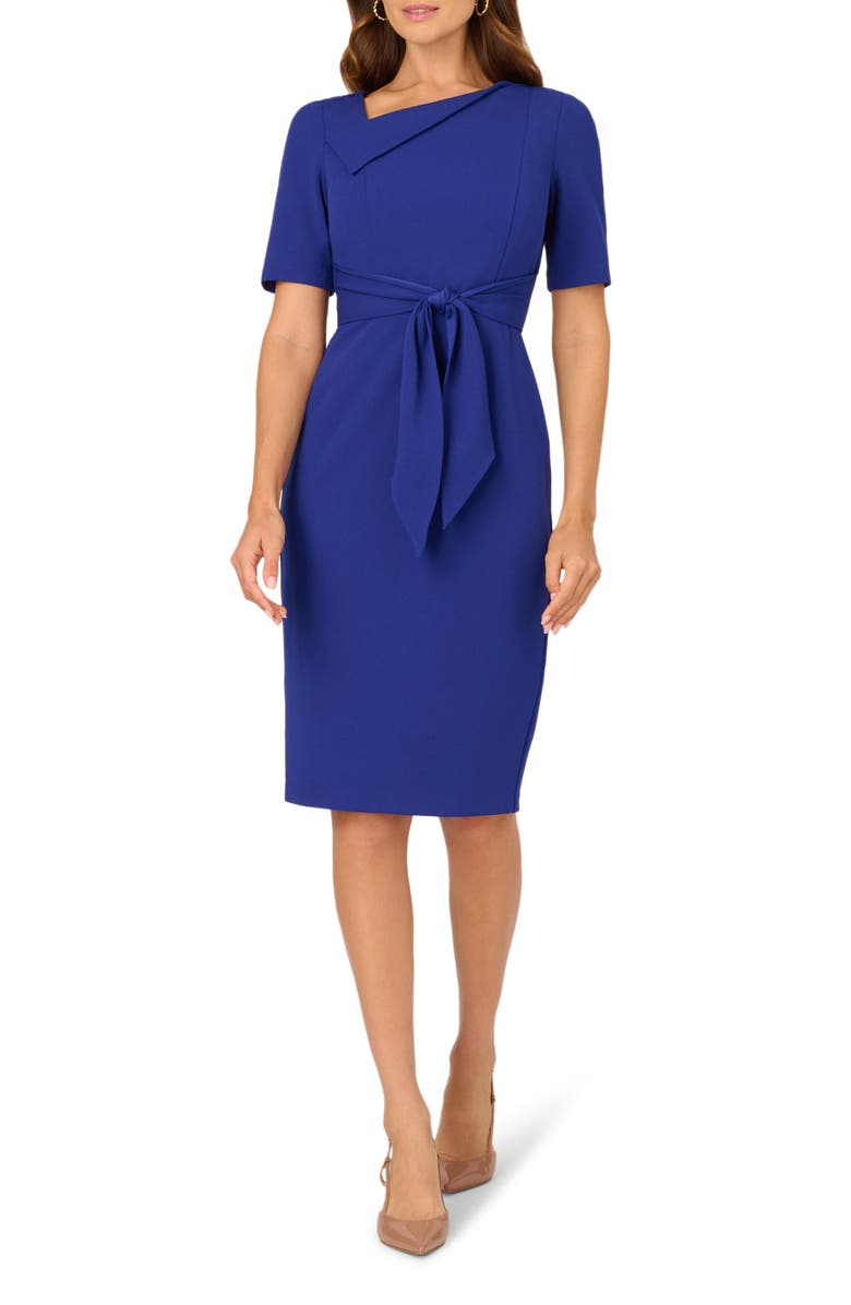 Adrianna Papell Asymmetric Collar Tie Waist Crepe Sheath Dress, Main, color, Royal Sapphire