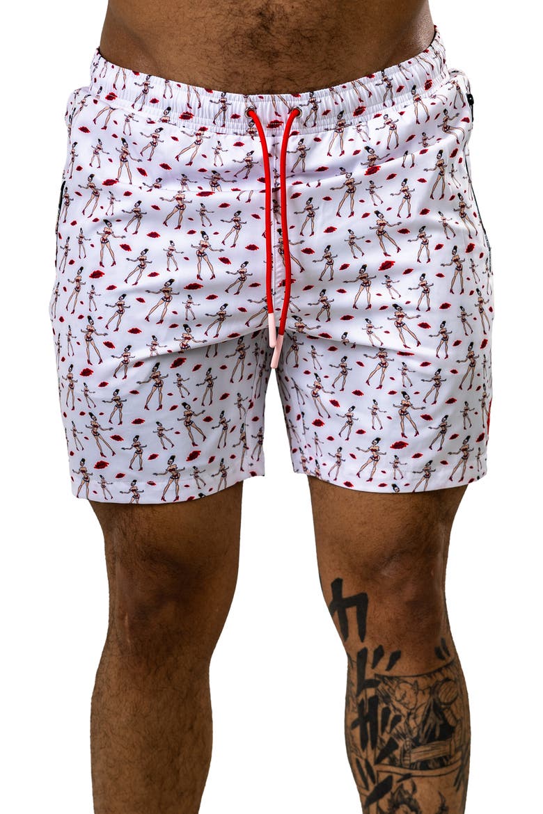 Swim Marthyr Print Swim Trunks, Main, color, WHITE