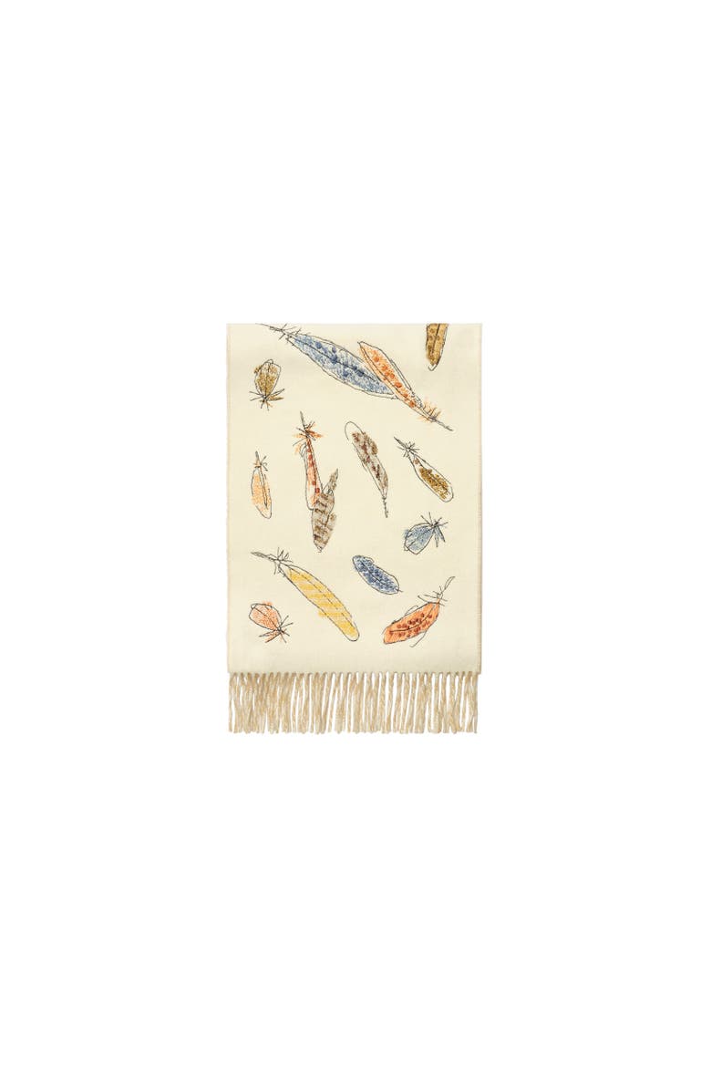 Feather Print Cashmere Scarf, Alternate, color, Sand beige