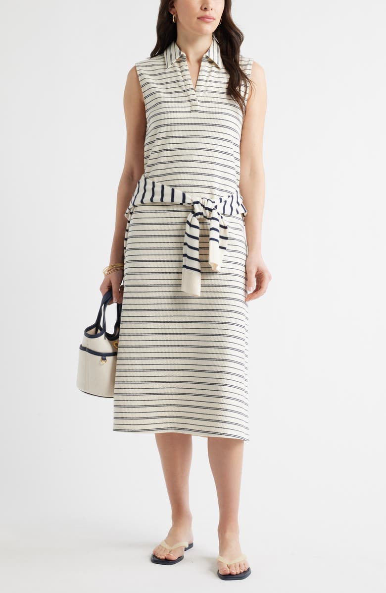 Caslon<sup>®</sup> Jacquard Henley Midi Dress, Alternate, color, Ivory- Navy Stripe