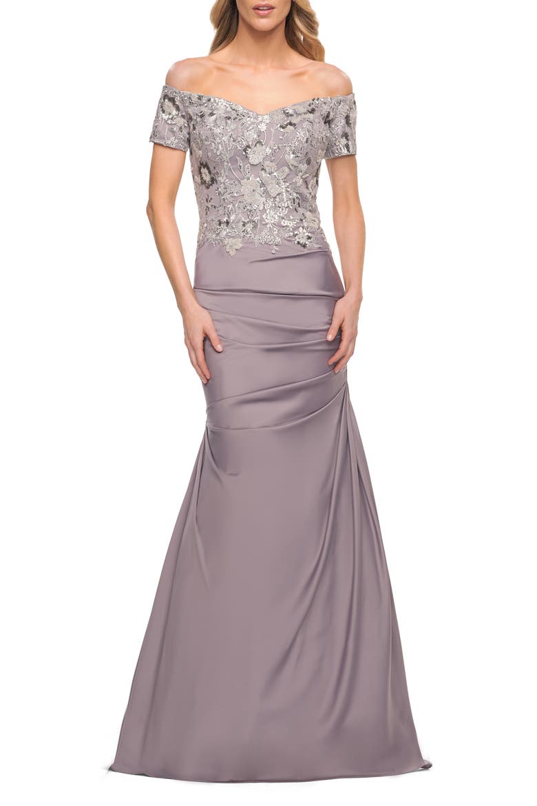 Off the Shoulder Satin and Lace Beaded Mermaid Gown, Main, color, Silver