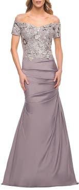 La Femme Off the Shoulder Satin and Lace Beaded Mermaid Gown