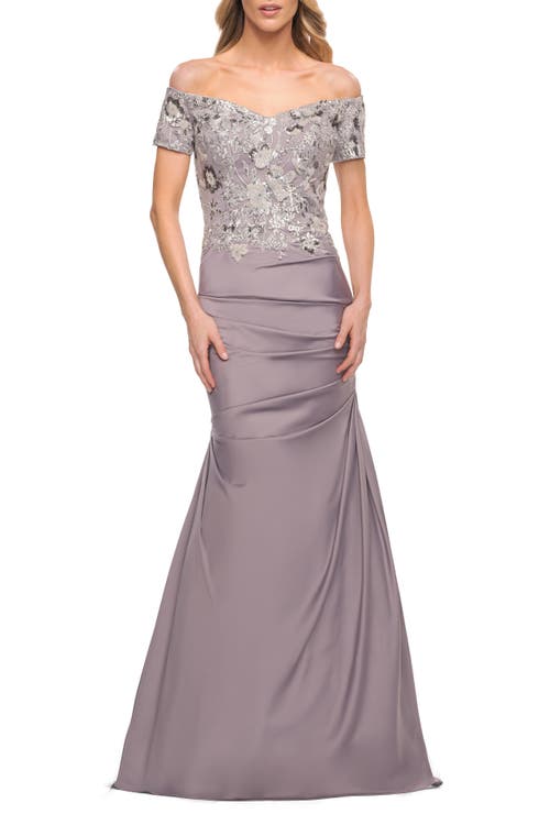 La Femme Off The Shoulder Satin And Lace Beaded Mermaid Gown In Silver