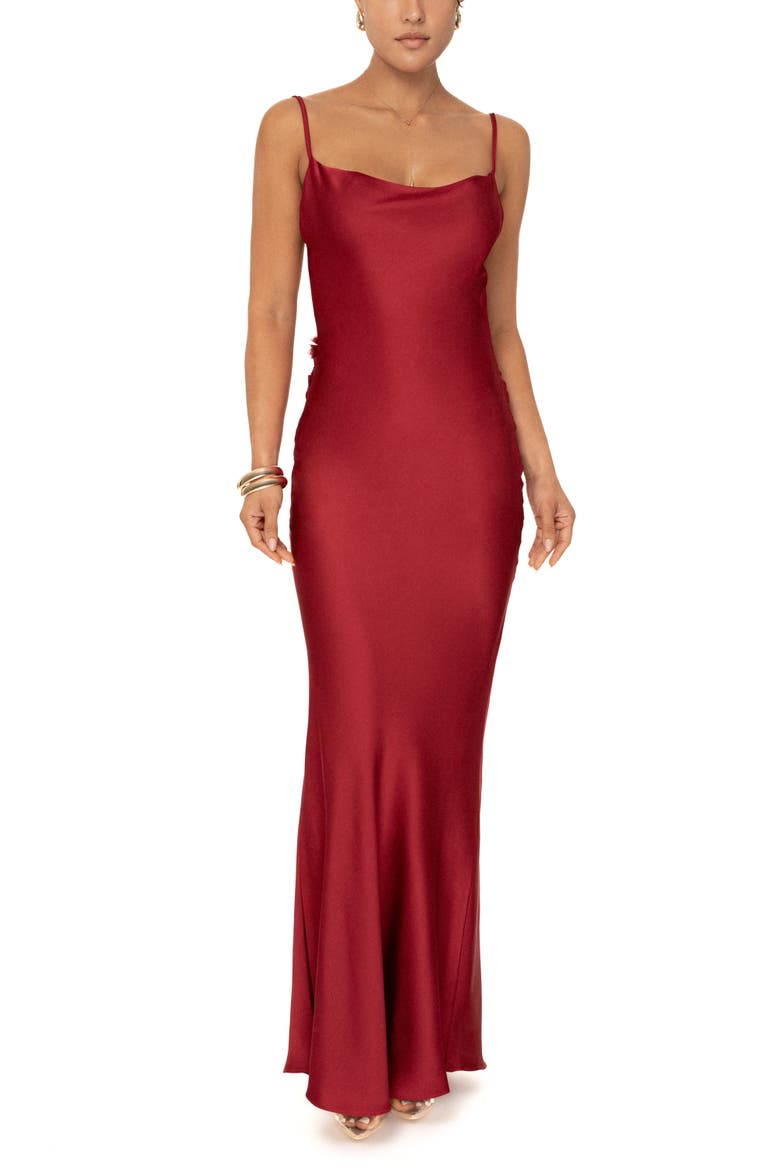 Down the Aisle Open Back Satin Gown, Main, color, RED