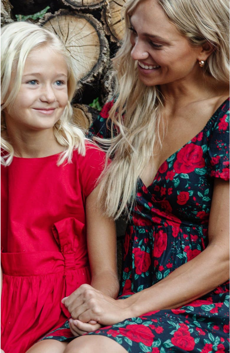 Hope & Henry Women's Organic Puff Sleeve Crossover Dress, Alternate, color, Black Holiday Rose