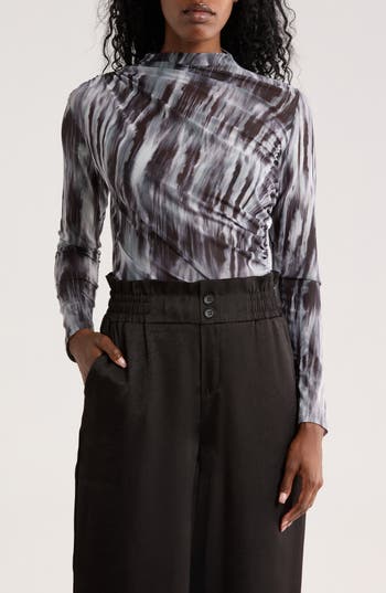 Patrizia Luca Side Ruched Mesh Top In Black