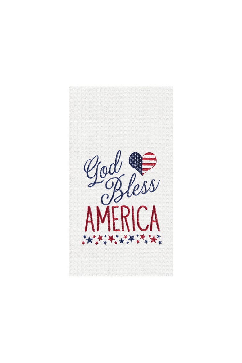 God Bless America July Fourth Embroidered Waffle Weave Kitchen Towel, Main, color, White
