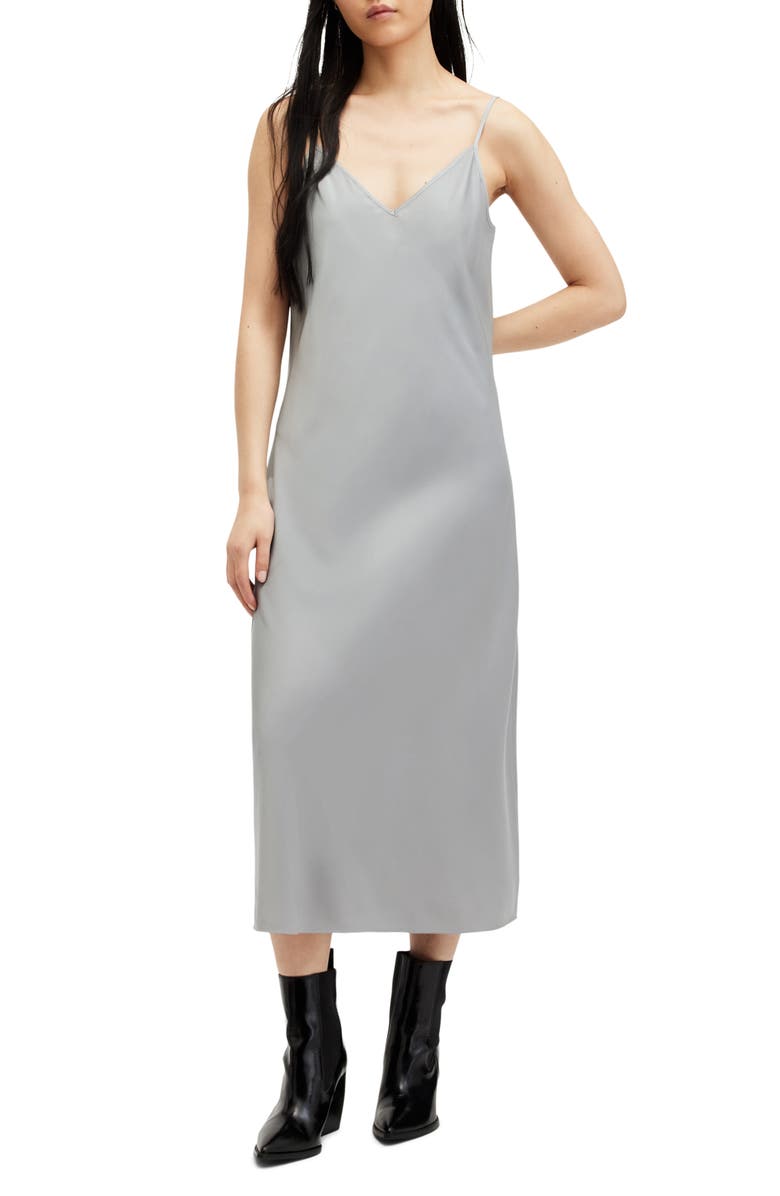 AllSaints Hana Two-Piece Crop Rib Sweater & Satin Slipdress, Alternate, color, Ultimate Grey