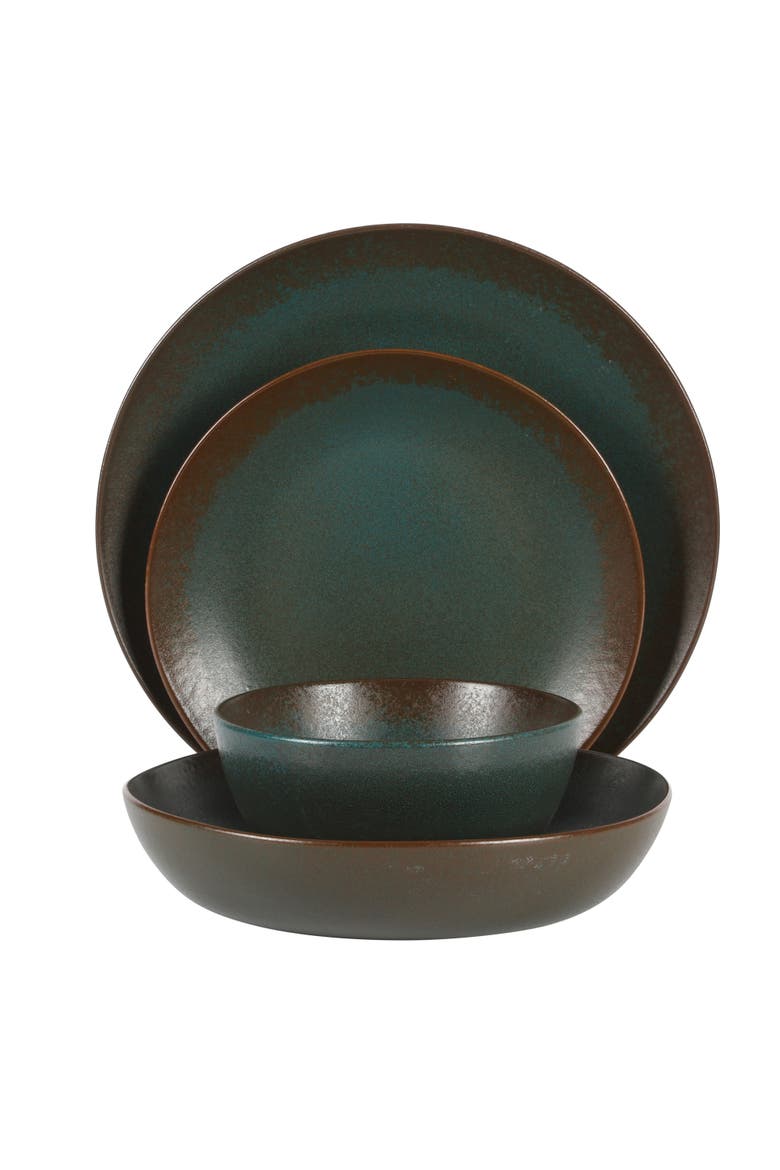 Palermo Sun 16 Piece Double Bowl Stoneware Reactive Glaze Plates and Bowls Dinnerware Set, Alternate, color, Agave Blue