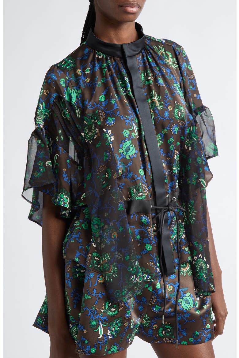 Floral Print Drawstring Button-Up Shirt, Alternate, color, BROWN