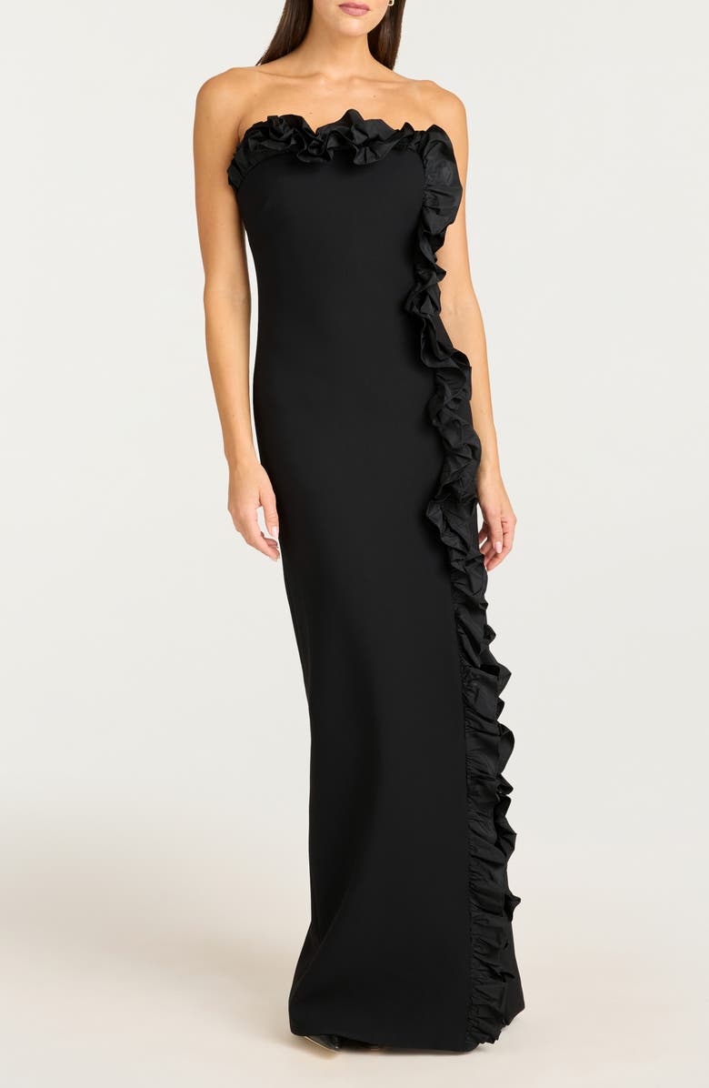 Cinq à Sept Kassia Ruffle Detail Mixed Media Strapless Gown, Main, color, Black